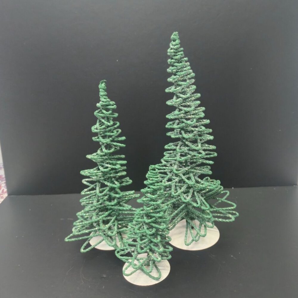 Vintage Dept 56 Village Frosted Zig-zag Trees Set of 3 Retired Green 5250-7 star - Picture 3 of 9